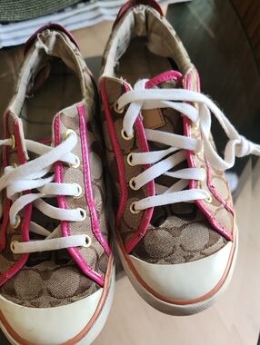 Coach Brown Signature Canvas Sneakers with Pink Trim